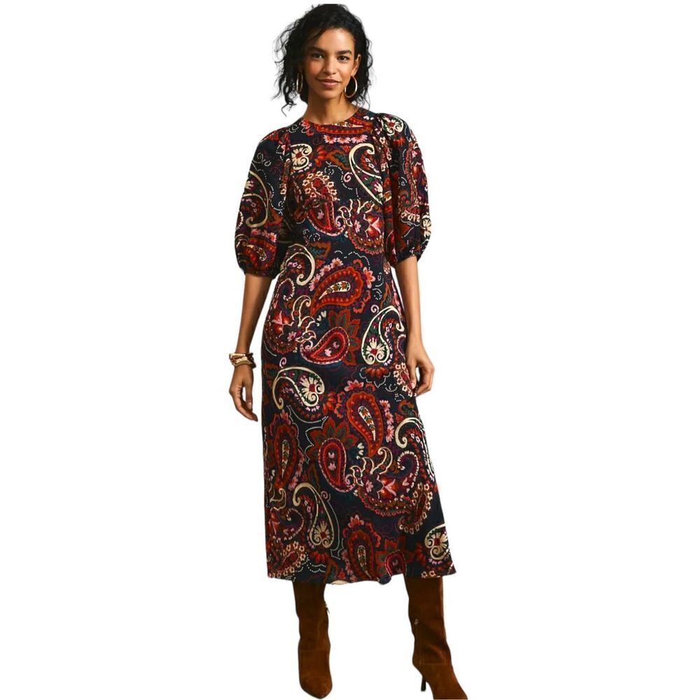 Anthropologie Kachel Women's Multicolor Paisley Puff Midi Dress Size Medium NWT
